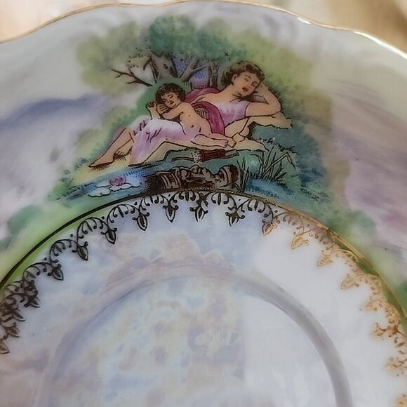 VTG Del Mar Japan Lustreware  Cup and Saucer Footed 24K Gold Trim Pastoral scene - Picture 8 of 14